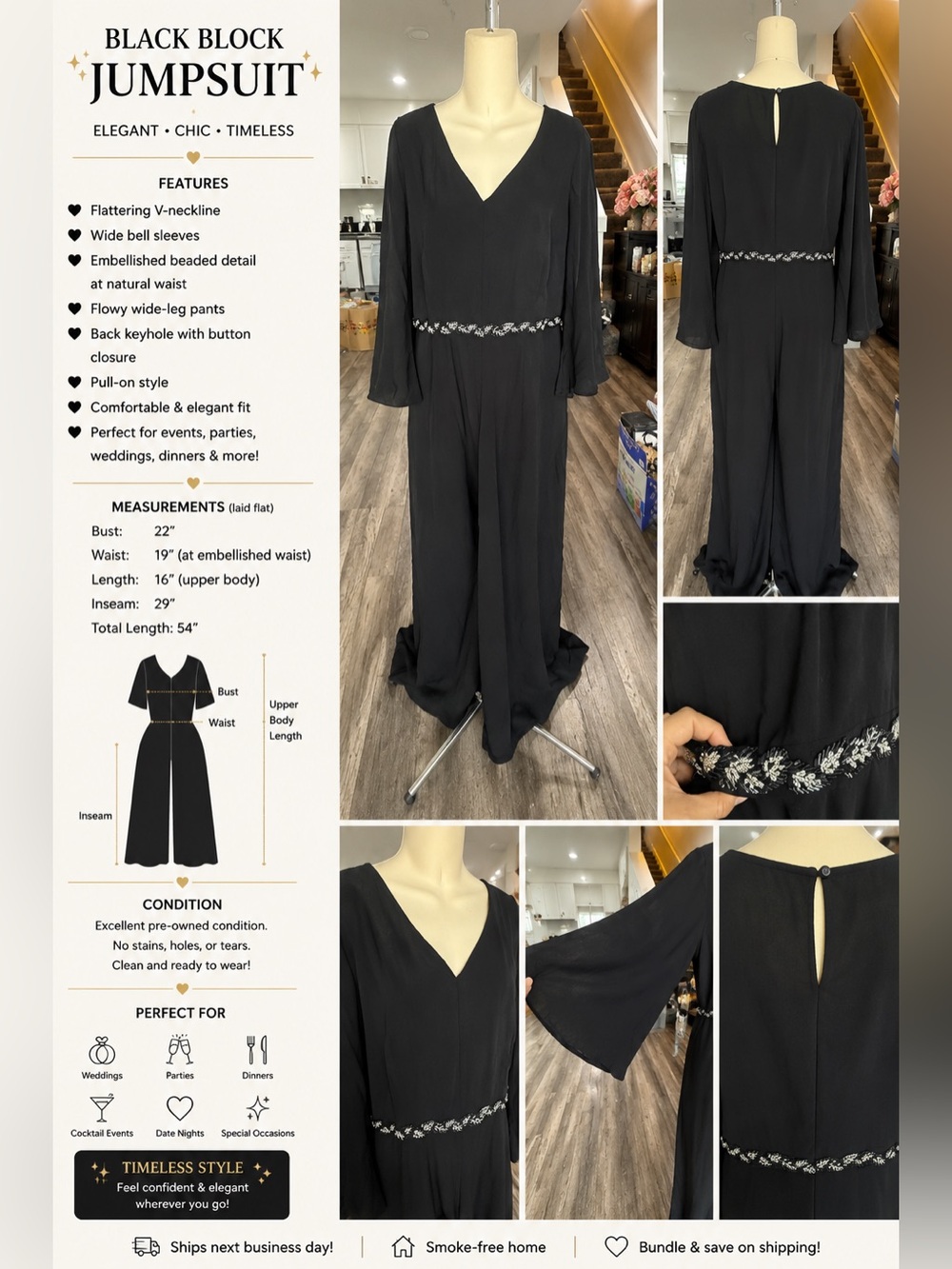 eshakti Black Wide-Leg V-Neck Jumpsuit with Beaded Waist